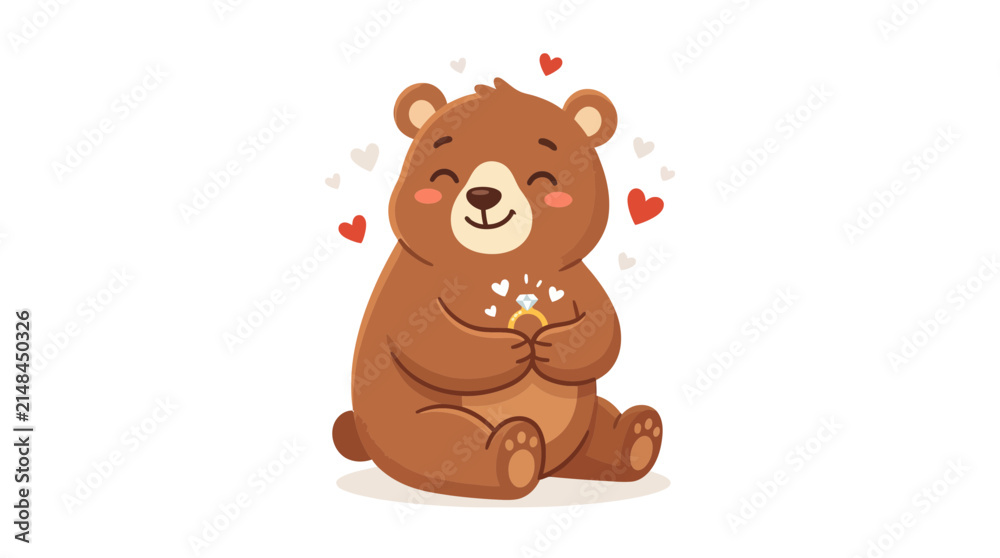 Obraz premium Cute Bear Holding Engagement Ring with Hearts, Proposal