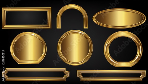 Golden luxury frame and label set on black background 金色の豪華な飾り枠とラベルパーツセット