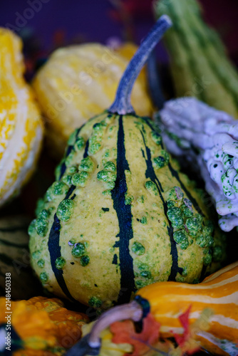 Colorful gourds sit together in a basket at a local market in the fall