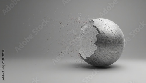 Abstract metallic sphere eroding into dust particles on grey background with metallic disintegration particles abstract conceptual transformation dissolving background minimalist fragmentatio
