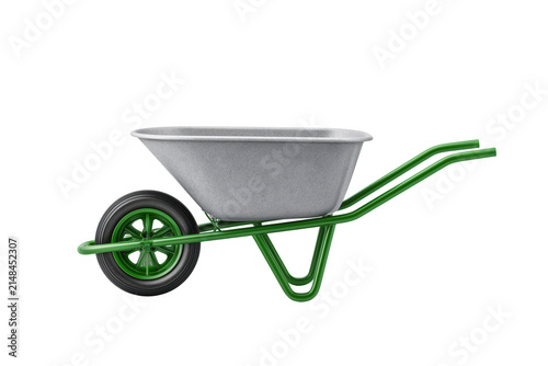 Realistic green wheelbarrow with gray bucket on transparent background, ideal for construction and gardening use