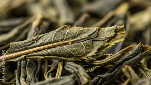 Dried green tea leaves captured in detailed macro photography showing complex textures and organic earthy tones