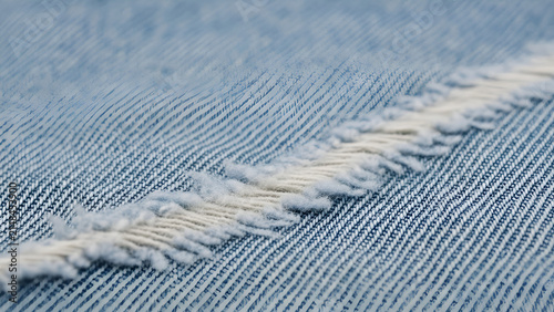 Distressed light blue denim fabric featuring detailed white frayed stitching captured with a macro lens focus