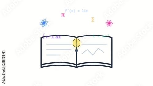 Open book with scientific symbols and graph inside on white background  
