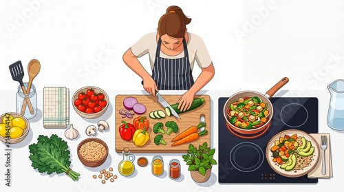 Young Woman Preparing Fresh Vegetable Salad in Home Kitchen Healthy Cooking and Meal Preparation Lifestyle Concept
