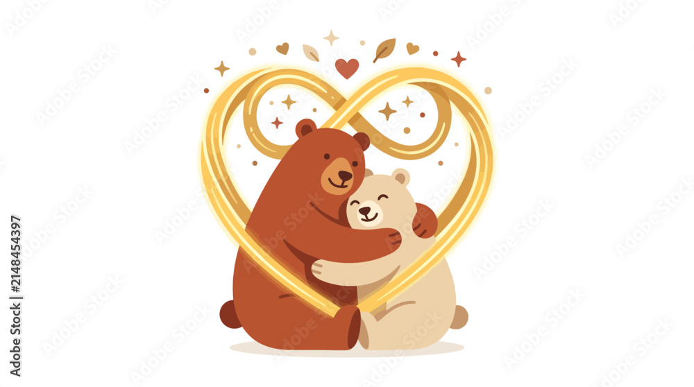 Fototapeta premium Cute bears hugging inside a golden heart, love symbol, isolated