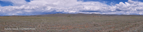 Panorama of Yustyd River valley. Kosh-Agach intermountain valley in Gorny Altai Republic. Place of ancient burial sites.