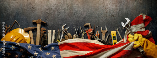 Labor Day - Work Glove Gripping Wrench Tool With US American Flag And Worn Metal Equipment