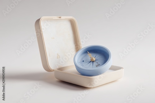 Navigational Aid: A small, pastel blue compass rests within its cream-colored case, its needle pointing north, suggesting direction and guidance.