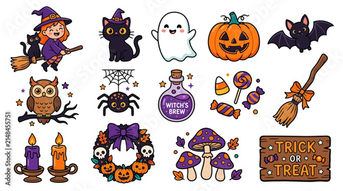 Fotografía Halloween decorations including a witch, black cat, spider, and jack-o'-lantern are displayed in a festive collection
