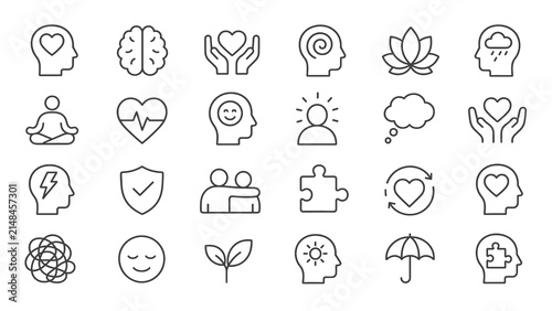 Collection of mental health icons representing various concepts and emotions