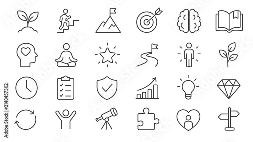 Collection of various icons representing growth, achievement, and personal development concepts