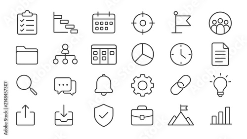 Collection of various business and productivity icons in a minimalist line art style