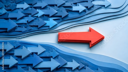 Large red arrow pointing opposite direction against a stream of blue arrows representing disruption contrarian thinking and standing out