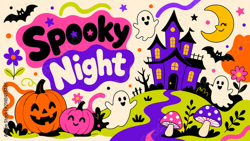Spooky Night Halloween Illustration with Cute Ghosts, Haunted House, Jack-o’-Lantern Pumpkins and Bright Acid Colors