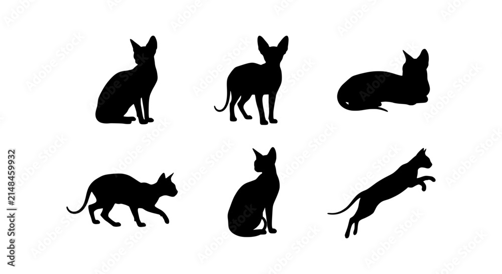 Obraz premium Sphynx Cat Silhouettes: Six Elegant Feline Poses, Vector Art Collection for Pet Lovers and Designers