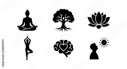 Fotografie Zen Yoga Icons, Mindfulness Brain, Lotus Flower, Tree of Life, Silhouette Medita