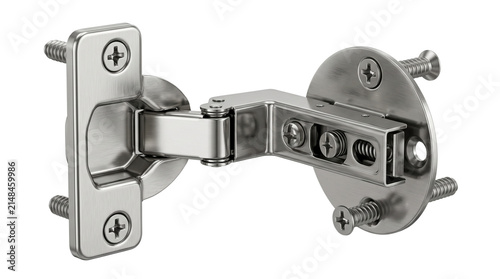 Shiny metal cabinet hinge with silver finish featuring industrial screws on a clean white isolated background