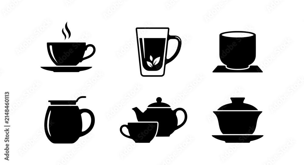 Obraz premium Black Tea and Coffee Cup Icons Set, Hot Beverage Drinkware Vector Graphics, Ceramic Mug and Teapot Collection for Cafe and Restaurant