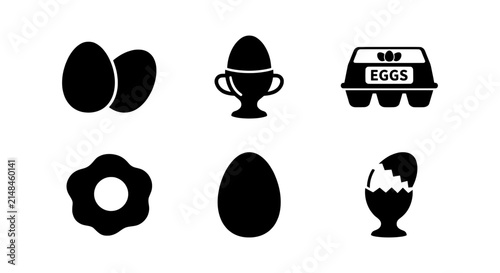 Black Egg Icons Set: Raw, Cooked, Carton, and Boiled Egg Illustrations for Food and Breakfast Graphics