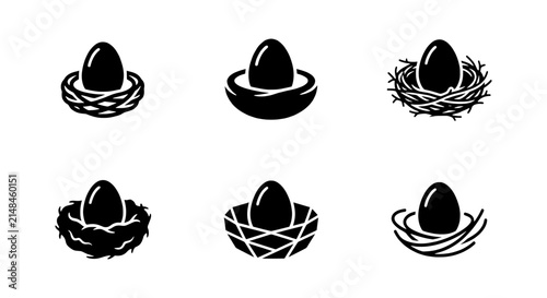 Six Black Nest and Egg Icons, Simple Vector Graphics for Spring, Fertility, and New Beginnings Concepts, Minimalist Design Elements