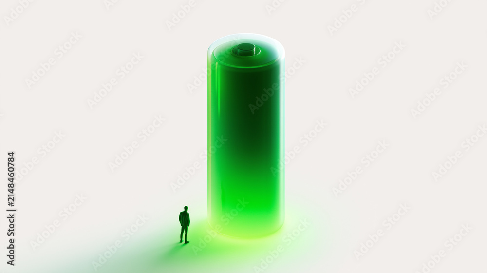 Obraz premium Giant Green Battery Energy Storage Sustainable Technology Minimal Illustration