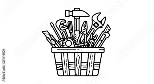 Hand Tool Collection in Wooden Basket with Hammer and Wrench