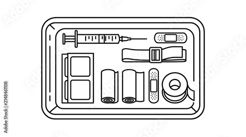 Medical first aid kit with syringe and bandages on tray