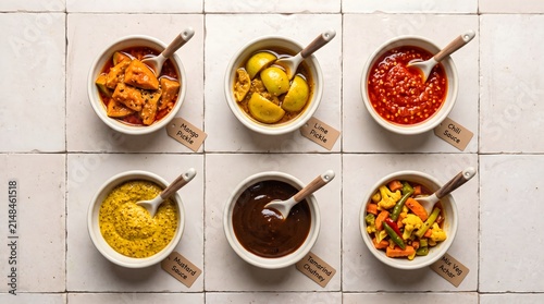 Assorted Indian Pickles and Traditional Condiments Served in Ceramic Bowls