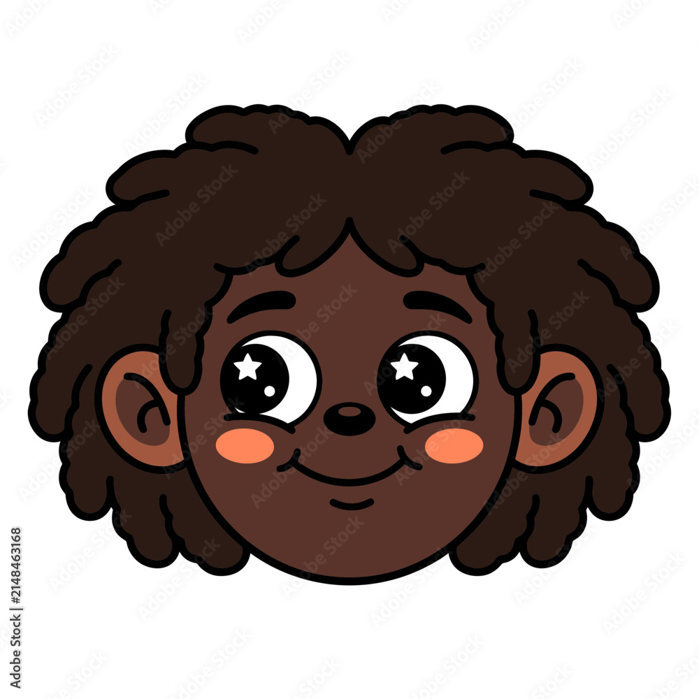 Obraz premium Cute cartoon character head of a young Black boy with dreadlocks, star-filled eyes, and a sweet smiling expression on a clean white background