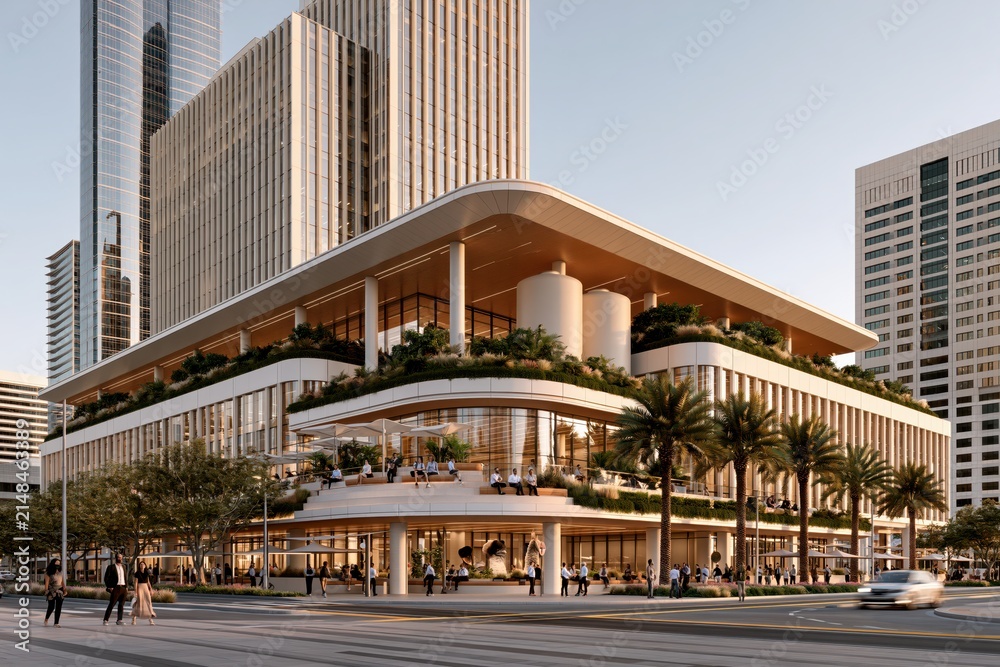 Obraz premium Modern sustainable commercial building architecture with green rooftop