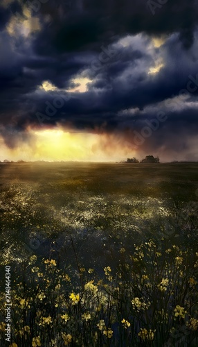 Dramatic sunset wildflowers glow beneath stormy skies a peaceful farmhouse silhouette evokes rustic beauty