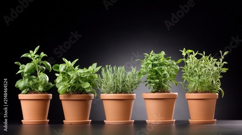 Five Potted Herbs Lined Up Against a Dark Background.
