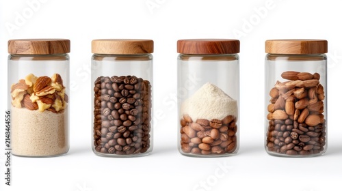 Four glass jars filled with coffee beans nuts and flour on white background.