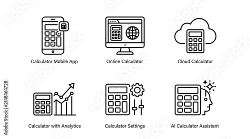 Digital Calculator and Financial App Line Icon Set