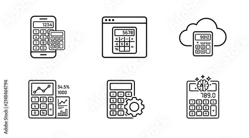 Fintech and Digital Calculator Line Icon Set