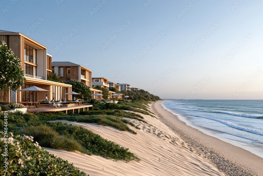 Fototapeta premium Luxury beach resort hotel architecture with ocean view and sandy beach