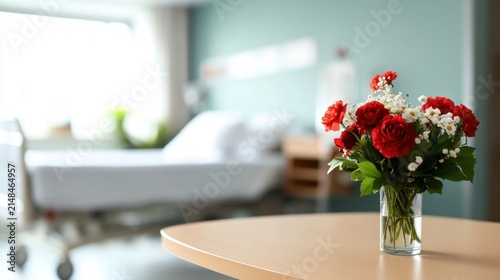 Hospital Room with Flowers on Table.