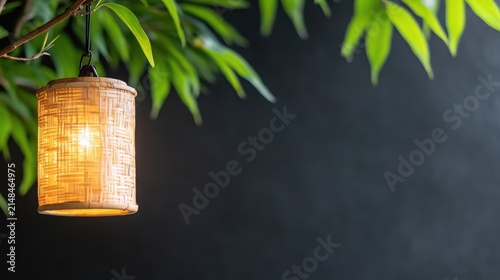 Illuminated Bamboo Lantern Hanging Among Green Leaves Outdoors.