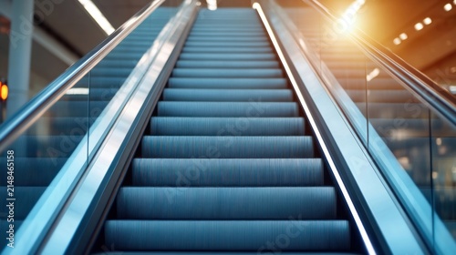 Modern Escalator Moving Upwards Towards Bright Light.