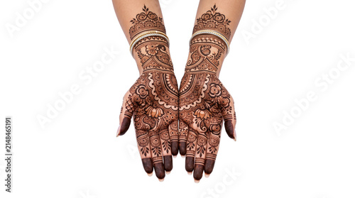 Hands with intricate henna tattoos. Traditional bridal mehndi art on woman palms.