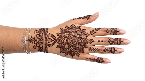Hands with intricate henna tattoos. Traditional bridal mehndi art on woman palms