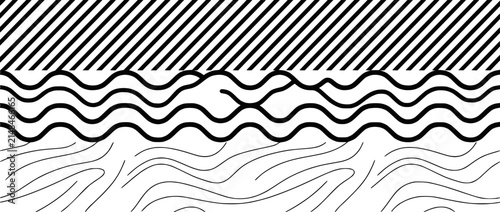 Abstract graphic design with wavy lines and stripes, black and white