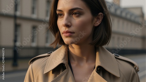 A woman in a beige trench coat poses on a historic street with classical architecture during golden hour.