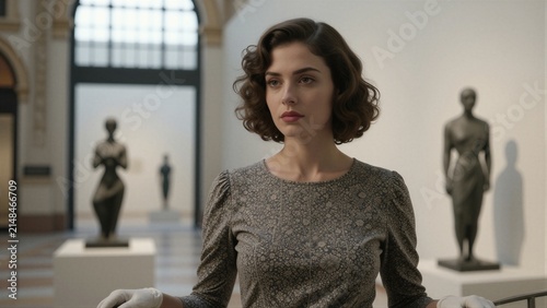 A museum curator stands in a serene gallery setting, surrounded by bronze statues and white pedestals, wearing a formal dark brown dress with a small floral pattern.