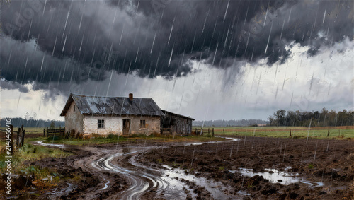 Rainy countryside farmhouse in rural landscape, muddy field under storm clouds, oil painting style