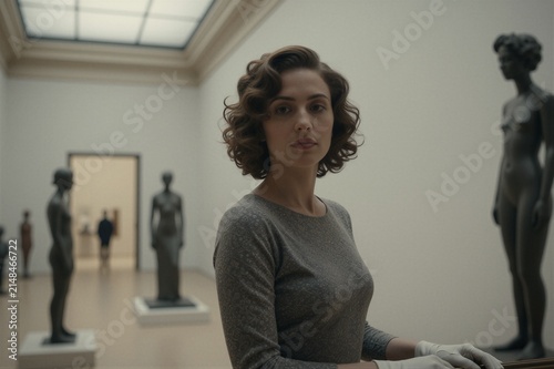 A woman with curly brown hair stands in a spacious art gallery, surrounded by bronze statues and soft natural light.