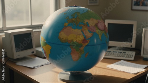 A terrestrial globe sits centrally on a wooden desk in an office environment, surrounded by computer monitors and metallic base.