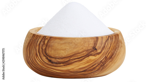 Фотография Granulated white sugar piled high in a rustic olive wood bowl, isolated on trans