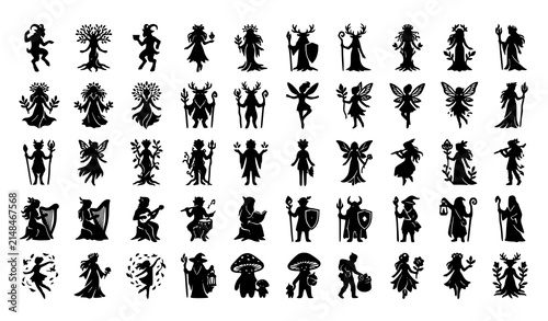 Bild auf Leinwand Fantasy Woodland Character Silhouette Vector Set with Forest Nymphs Tree Spirits